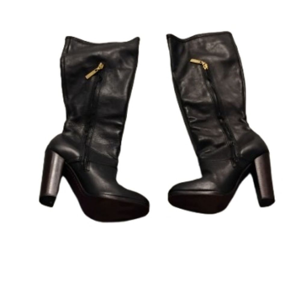 Elizabeth and James Womens Black Calf Length Leather Chunky Boots Sz 6.5